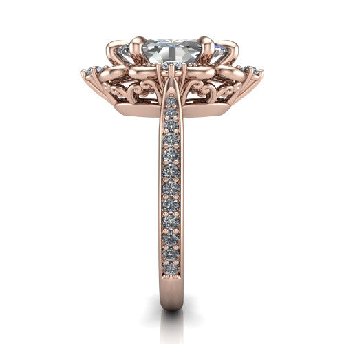 Remington marquise vintage halo engagement ring in 18K Rose Gold with ornate floral filigree halo and pavé band, side profile showing the pavé band and floral halo
