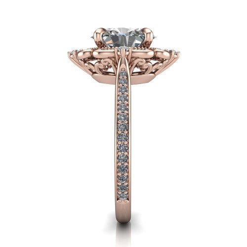 Remington oval vintage halo engagement ring in 18K Rose Gold with ornate floral filigree halo and pavé band, side profile showing the pavé band and floral halo