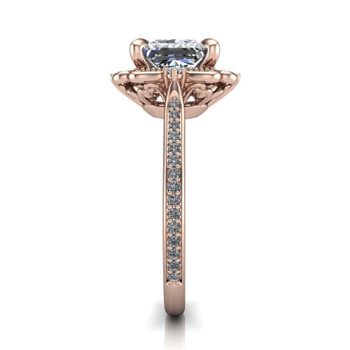 Remington princess vintage halo engagement ring in 18K Rose Gold with ornate floral filigree halo and pavé band, side profile showing the pavé band and floral halo