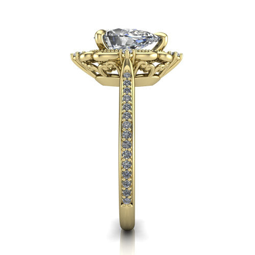 Remington pear vintage halo engagement ring in 18K Yellow Gold with ornate floral filigree halo and pavé band, side profile showing the pavé band and floral halo