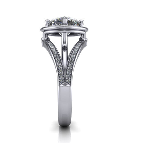 Brinley cushion vintage halo engagement ring in Platinum with bezel-edged milgrain halo and pavé split shank, side profile showing the pavé split shank and milgrain halo