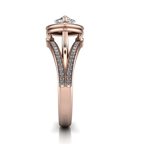 Brinley marquise vintage halo engagement ring in 18K Rose Gold with bezel-edged milgrain halo and pavé split shank, side profile showing the pavé split shank and milgrain halo