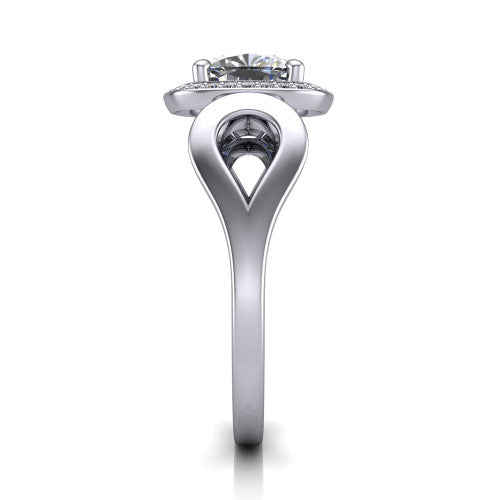 Hope cushion halo engagement ring in Platinum with squared pavé halo and open-loop split shank, side profile showing the polished loop split shank and pavé gallery