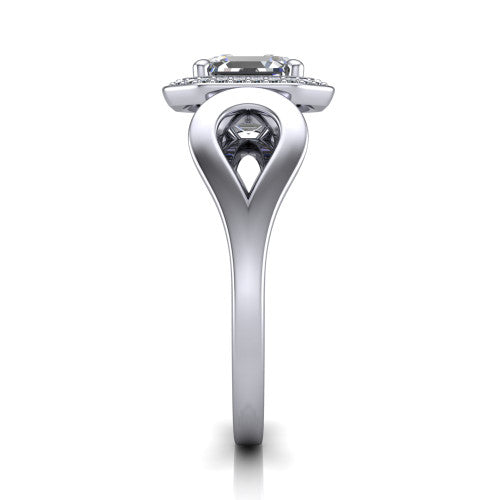 Hope asscher halo engagement ring in 18K White Gold with squared pavé halo and open-loop split shank, side profile showing the polished loop split shank and pavé gallery