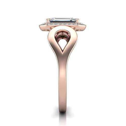 Hope emerald halo engagement ring in 18K Rose Gold with squared pavé halo and open-loop split shank, side profile showing the polished loop split shank and pavé gallery