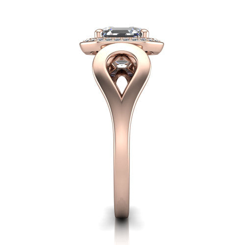 Hope asscher halo engagement ring in 18K Rose Gold with squared pavé halo and open-loop split shank, side profile showing the polished loop split shank and pavé gallery