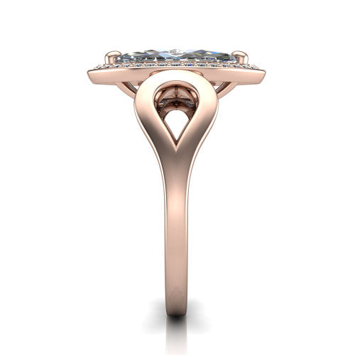 Hope marquise halo engagement ring in 18K Rose Gold with squared pavé halo and open-loop split shank, side profile showing the polished loop split shank and pavé gallery