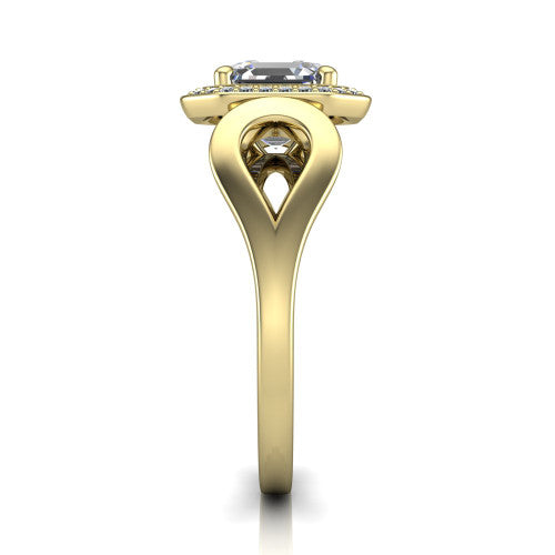Hope asscher halo engagement ring in 14K Yellow Gold with squared pavé halo and open-loop split shank, side profile showing the polished loop split shank and pavé gallery