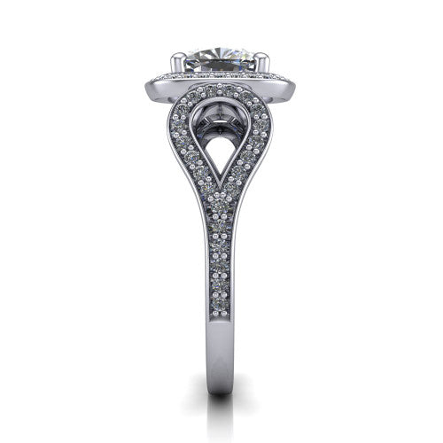 Miriam cushion halo engagement ring in 18K White Gold with squared pavé halo and open-loop split shank, side profile showing the pavé loop split shank and gallery