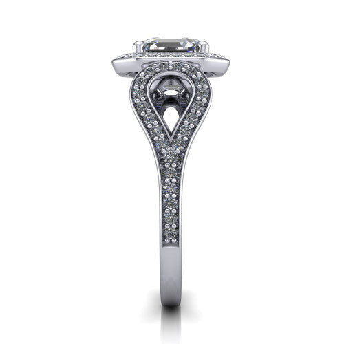 Miriam asscher halo engagement ring in 14K White Gold with squared pavé halo and open-loop split shank, side profile showing the pavé loop split shank and gallery