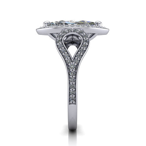 Miriam marquise halo engagement ring in 14K White Gold with squared pavé halo and open-loop split shank, side profile showing the pavé loop split shank and gallery