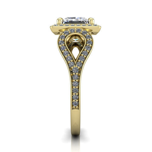 Miriam princess halo engagement ring in 18K Yellow Gold with squared pavé halo and open-loop split shank, side profile showing the pavé loop split shank and gallery