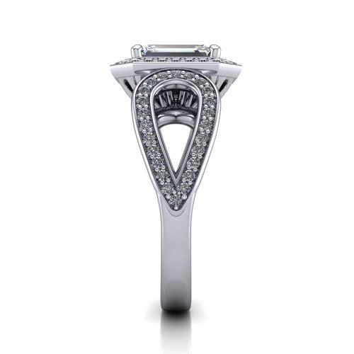Leighton emerald halo engagement ring in 14K White Gold with squared pavé halo and open-loop split shank, side profile showing the pavé loop split shank and gallery