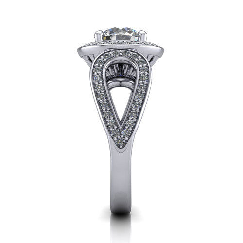 Leighton round halo engagement ring in Platinum with squared pavé halo and open-loop split shank, side profile showing the pavé loop split shank and gallery