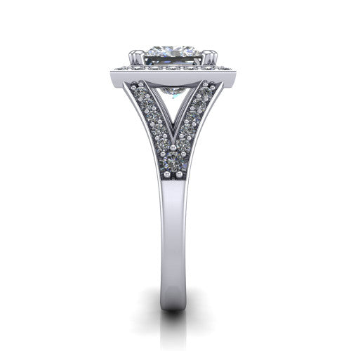 Reign princess halo engagement ring in 18K White Gold with bold squared pavé halo and split shank, side profile showing the pavé split shank