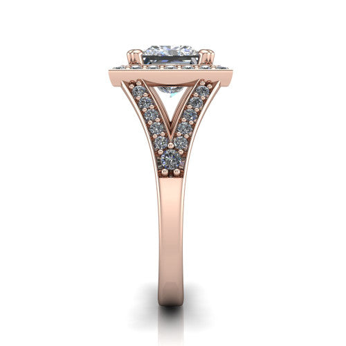 Reign princess halo engagement ring in 18K Rose Gold with bold squared pavé halo and split shank, side profile showing the pavé split shank