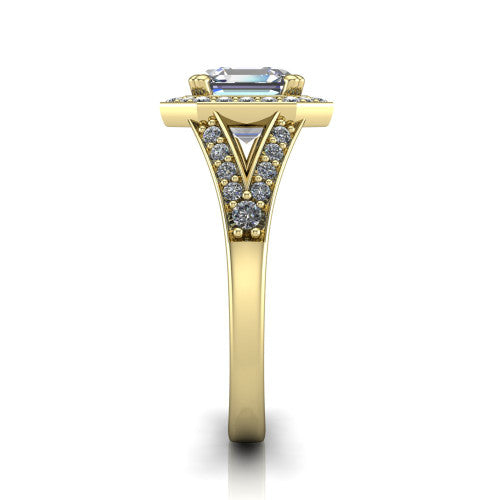Reign asscher halo engagement ring in 18K Yellow Gold with bold squared pavé halo and split shank, side profile showing the pavé split shank