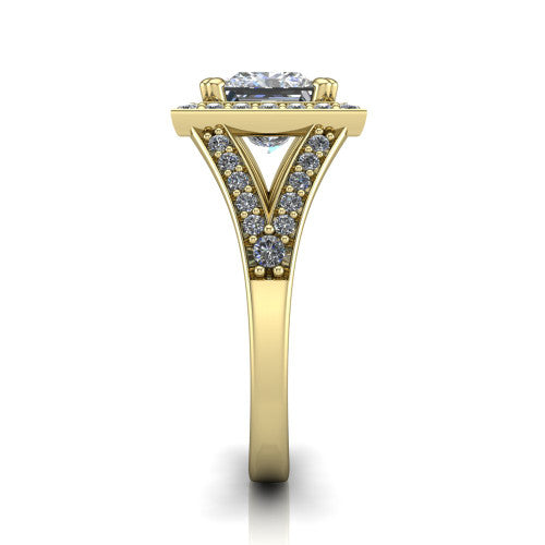 Reign princess halo engagement ring in 18K Yellow Gold with bold squared pavé halo and split shank, side profile showing the pavé split shank