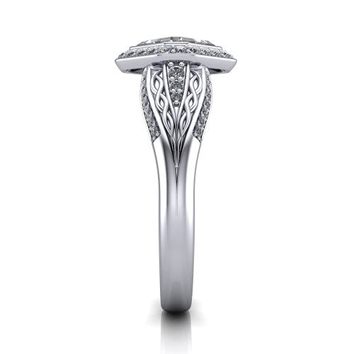 Meadow asscher vintage halo engagement ring in 14K White Gold with diagonal pavé halo and engraved filigree band, side profile showing the hand-engraved filigree band