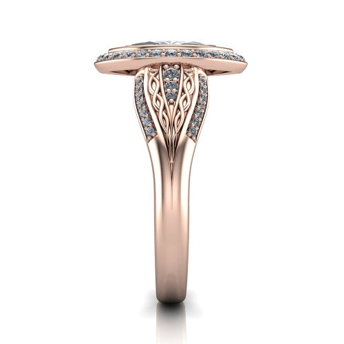 Meadow marquise vintage halo engagement ring in 18K Rose Gold with diagonal pavé halo and engraved filigree band, side profile showing the hand-engraved filigree band