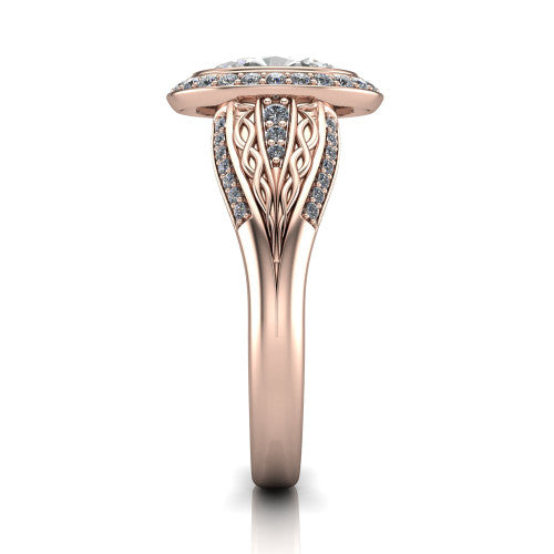 Meadow oval vintage halo engagement ring in 14K Rose Gold with diagonal pavé halo and engraved filigree band, side profile showing the hand-engraved filigree band