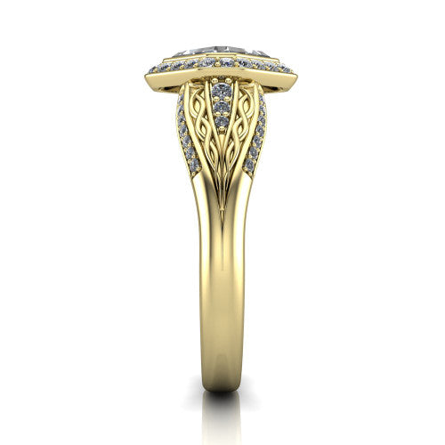 Meadow asscher vintage halo engagement ring in 18K Yellow Gold with diagonal pavé halo and engraved filigree band, side profile showing the hand-engraved filigree band