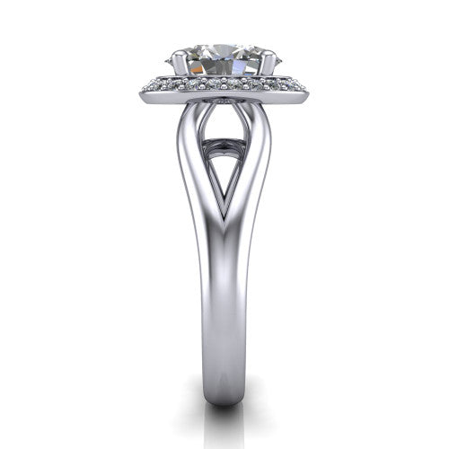 Daleyza oval halo engagement ring in 14K White Gold, side profile showing the polished split shank, pave halo, and open gallery profile