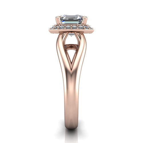 Daleyza square emerald-cut halo engagement ring in 18K Rose Gold, side profile showing the polished split shank, pave halo, and open gallery profile