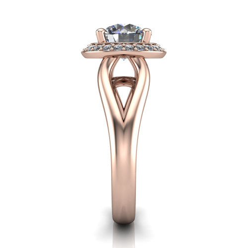 Daleyza round halo engagement ring in 14K Rose Gold, side profile showing the polished split shank, pave halo, and open gallery profile