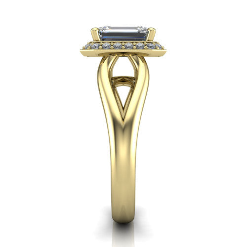 Daleyza emerald-cut halo engagement ring in 14K Yellow Gold, side profile showing the polished split shank, pave halo, and open gallery profile