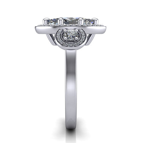 Colette marquise three-stone halo engagement ring in 14K White Gold, side profile showing the three pave halos and polished band in profile