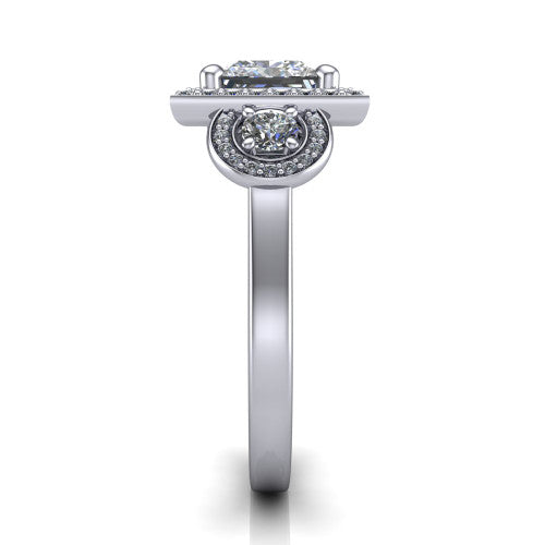 Colette princess-cut three-stone halo engagement ring in 18K White Gold, side profile showing the three pave halos and polished band in profile