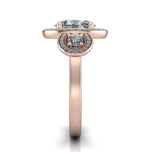 Colette oval three-stone halo engagement ring in 14K Rose Gold, side profile showing the three pave halos and polished band in profile