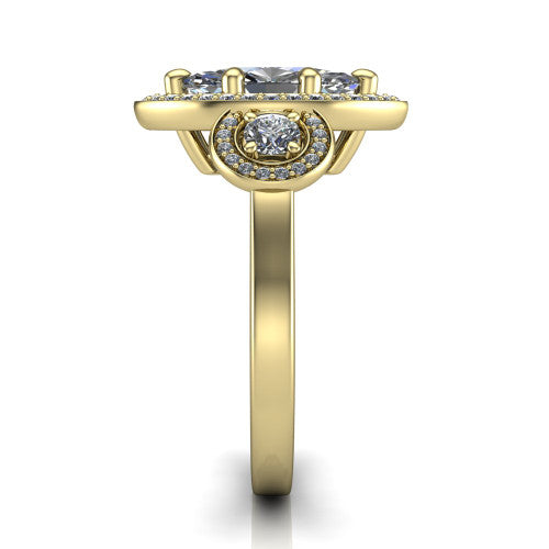 Colette marquise three-stone halo engagement ring in 14K Yellow Gold, side profile showing the three pave halos and polished band in profile
