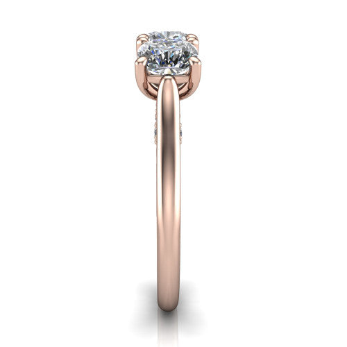 Kora cushion three-stone engagement ring in 18K Rose Gold, side profile showing the pave-set band, scrollwork gallery, and high-polish profile