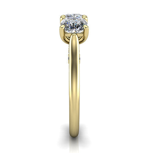 Kora cushion three-stone engagement ring in 14K Yellow Gold, side profile showing the pave-set band, scrollwork gallery, and high-polish profile