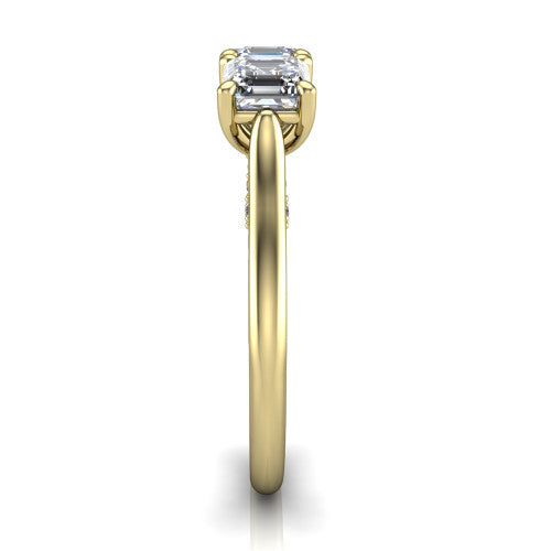 Kora square emerald-cut three-stone engagement ring in 14K Yellow Gold, side profile showing the pave-set band, scrollwork gallery, and high-polish profile