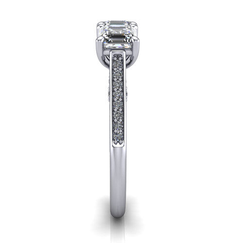 Emory square emerald-cut three-stone engagement ring in 14K White Gold, side profile showing the pave-set band, filigree gallery, and high-polish profile