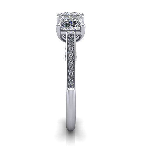 Emory princess-cut three-stone engagement ring in 18K White Gold, side profile showing the pave-set band, filigree gallery, and high-polish profile