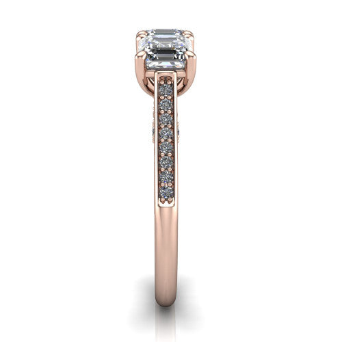 Emory square emerald-cut three-stone engagement ring in 14K Rose Gold, side profile showing the pave-set band, filigree gallery, and high-polish profile
