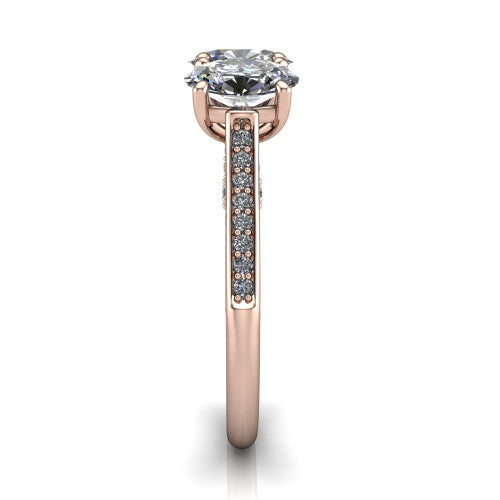 Emory oval three-stone engagement ring in 14K Rose Gold, side profile showing the pave-set band, filigree gallery, and high-polish profile