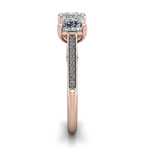 Emory princess-cut three-stone engagement ring in 14K Rose Gold, side profile showing the pave-set band, filigree gallery, and high-polish profile