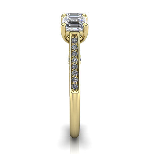 Emory square emerald-cut three-stone engagement ring in 14K Yellow Gold, side profile showing the pave-set band, filigree gallery, and high-polish profile
