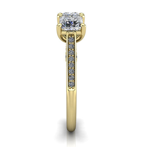 Emory princess-cut three-stone engagement ring in 14K Yellow Gold, side profile showing the pave-set band, filigree gallery, and high-polish profile