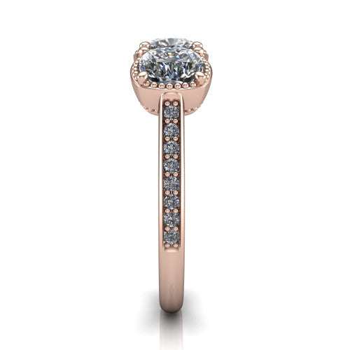 Kayla Cushion Shape Three Stone Engagement Ring in 18K Rose Gold