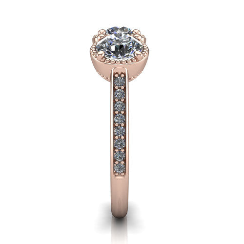 Kayla Round Shape Three Stone Engagement Ring in 18K Rose Gold