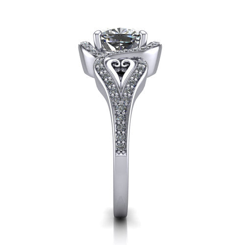 Elisa cushion vintage halo engagement ring in Platinum, side profile showing the split shoulders, filigree detail, and tapered band