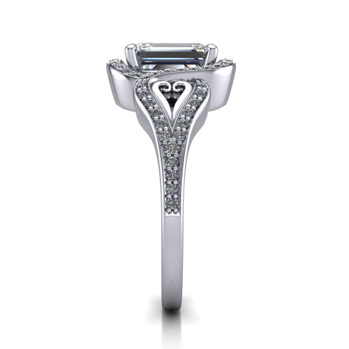 Elisa emerald-cut vintage halo engagement ring in Platinum, side profile showing the split shoulders, filigree detail, and tapered band