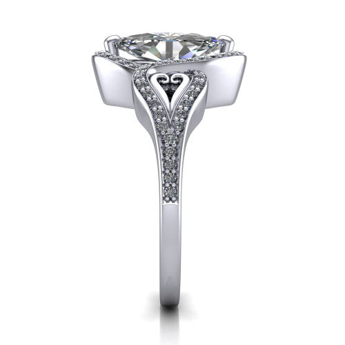Elisa marquise vintage halo engagement ring in 18K White Gold, side profile showing the split shoulders, filigree detail, and tapered band