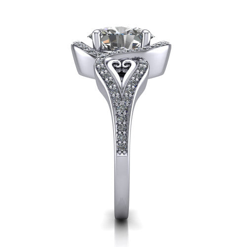 Elisa oval vintage halo engagement ring in 18K White Gold, side profile showing the split shoulders, filigree detail, and tapered band